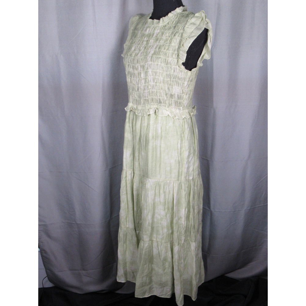Moon River Sage Green Tie Dye Smocked Tiered Midi Dress Large Flutter Sleeve - Picture 2 of 8